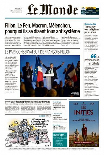 Le Monde du Jeudi 20 Avril 2017
