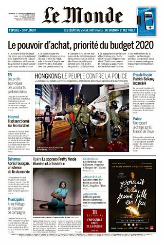 Le Monde du Dimanche 15 et Lundi 16 Septembre 2019
