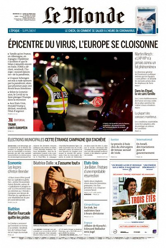 Le Monde du Dimanche 15 et Lundi 16 Mars 2020