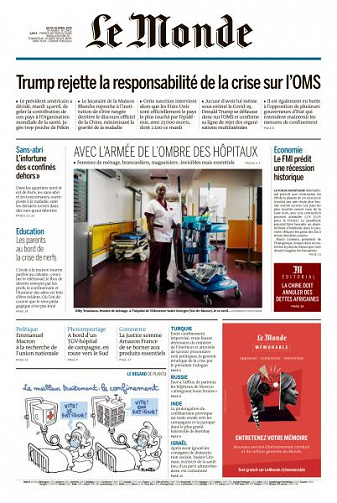 Le Monde du Jeudi 16 Avril 2020