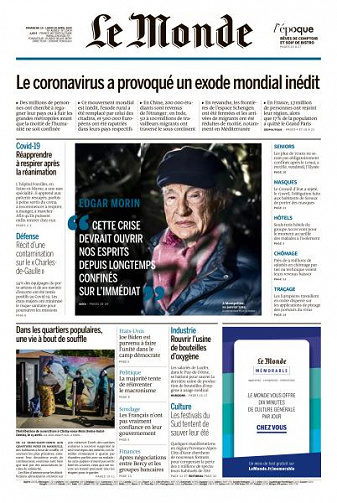 Le Monde du Dimanche 19 et Lundi 20 Avril 2020