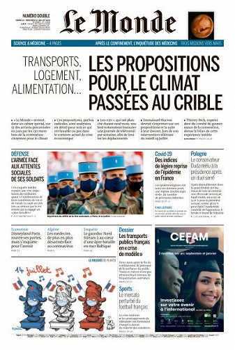 Le Monde du Mardi 14 et Mercredi 15 Juillet 2020