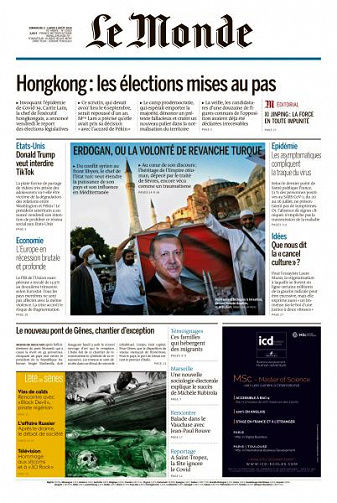 Le Monde du Dimanche 2 et Lundi 3 Août 2020