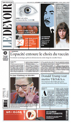 Le Devoir (CA, Québec) - Samedi 19 et Dimanche 20 Septembre 2020