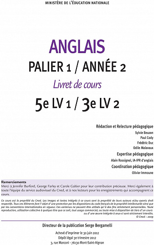 ANGLAIS Palier 1 / Année 2. 5e LV 1 / 3e LV 2. Livret de cours
