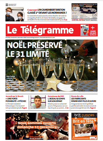 Le Télégramme (3 Éditions) Du Vendredi 11 Décembre 2020