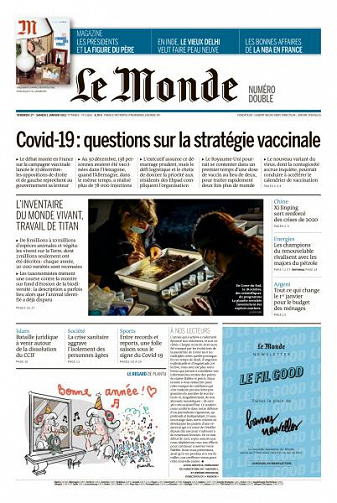 Le Monde du Vendredi 1er et Samedi 2 Janvier 2021