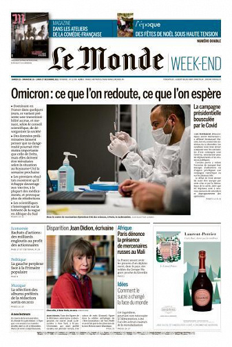 Le Monde du Samedi 25 et Lundi 27 Décembre 2021