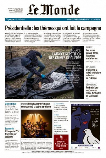 Le Monde du Dimanche 10 et Lundi 11 Avril 2022