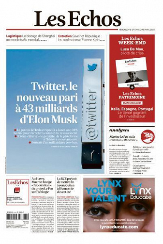 Les Echos du Vendredi 15 et Samedi 16 Avril 2022