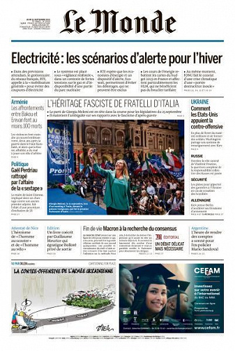Le Monde du Jeudi 15 Septembre 2022