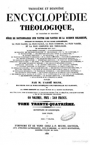 L’Encyclopédie Théologique de l’Abbé Migne. 3ème série (66 Volumes)