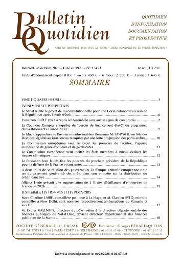 Bulletin Quotidien Du Mercredi 28 octobre 2026